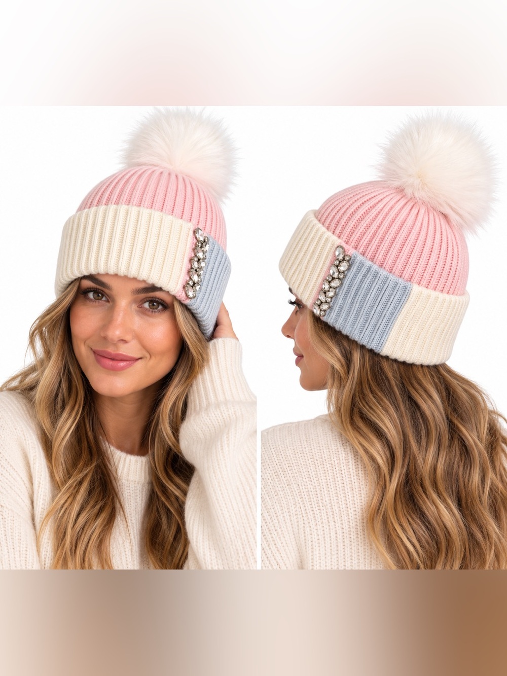 Colorblock Knit Pom Beanie - Pink, Cream & Light Blue